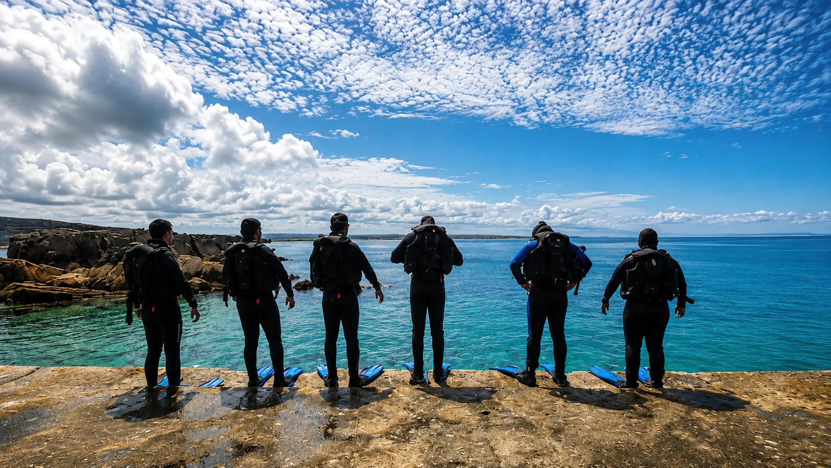Equipa de mergulhadores profissionais no cais, de frente para o mar, antes de entrar na água